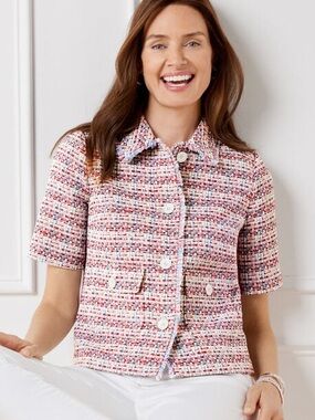 NEW Talbots Riviera Tweed Short Sleeve Jacket Button Red White Blue Size 16